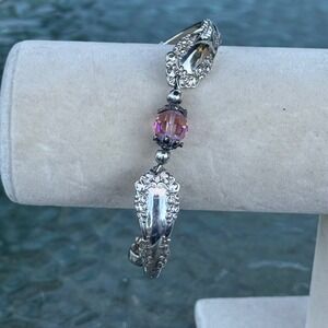 1847 Rogers Bros Vintage Silverplate Spoon Bracelet Pink Crystal Magnetic Clasp